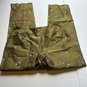 Ann Taylor Women's Silk Floral Olive Green Pants Pink/White Flowers Size 6